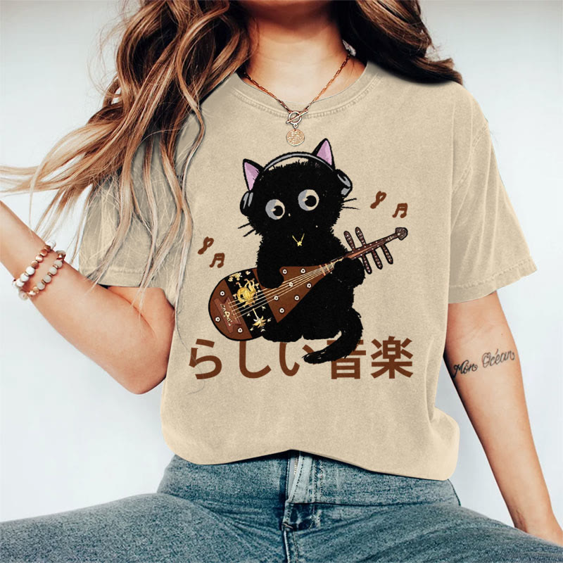 100% Cotton Women's Japanese Black Cat Playing Guitar Art Print Casual T-shirt - Khaki - 2XL - image 3