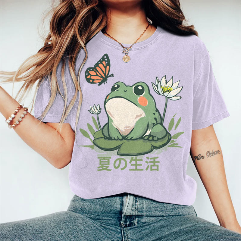 100% Cotton Women's Japanese Summer Life Of Frog Art Print Casual T-shirt - Purple - 2XL - image 1