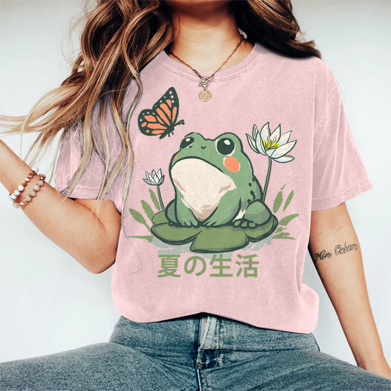 100% Cotton Women's Japanese Summer Life Of Frog Art Print Casual T-shirt - Pink - 2XL - image 4