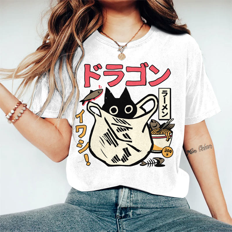 100% Cotton Women's Japanese Funny Cat & Fish Noodle Art Print Casual T-shirt - White - 2XL - image 1