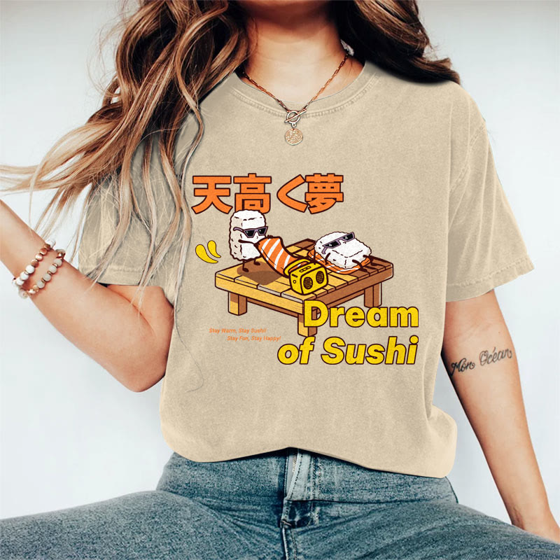 100% Cotton Women's Japanese Dream Of Sushi Art Print Casual T-shirt - Khaki - 2XL - image 1