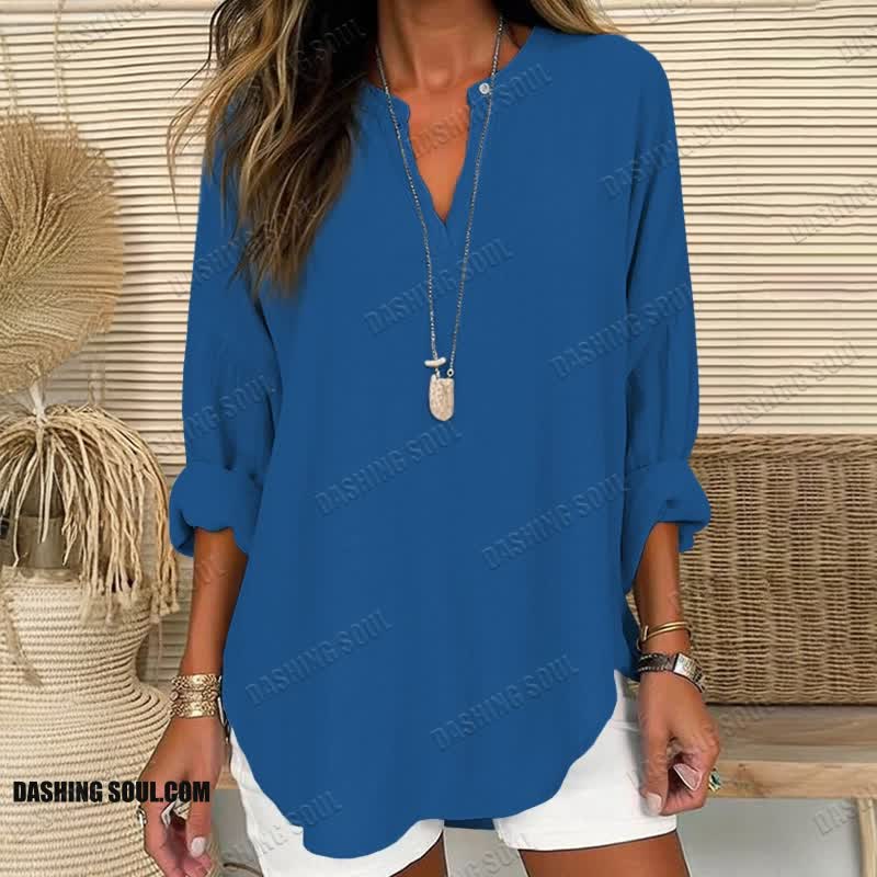 Women's Solid Color V Neck Long Sleeve Blouse