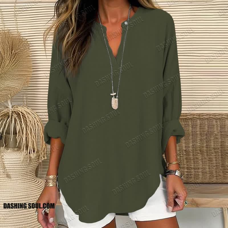 Women's Solid Color V Neck Long Sleeve Blouse