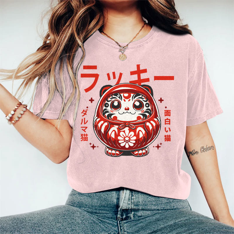 100% Cotton Women's Japanese Cute Cat Decoration Art Print Casual T-shirt - Pink - 2XL - image 1