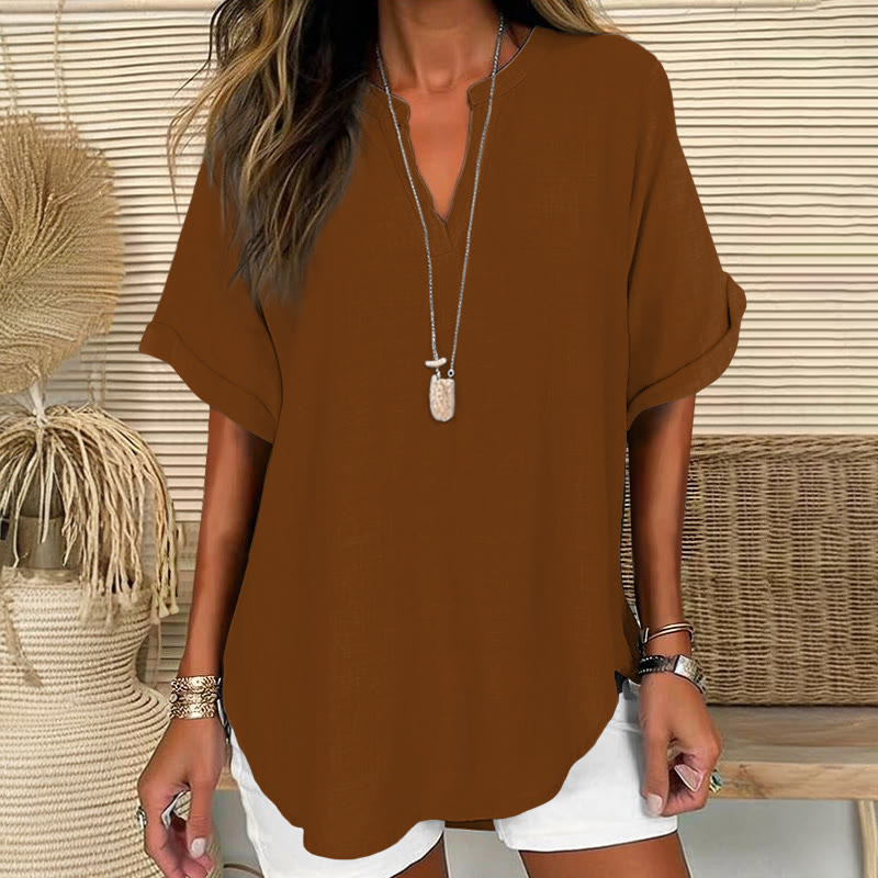 Women's  Solid Color Short Sleeve Casual Blouse - Coffee - 5XL - image 3