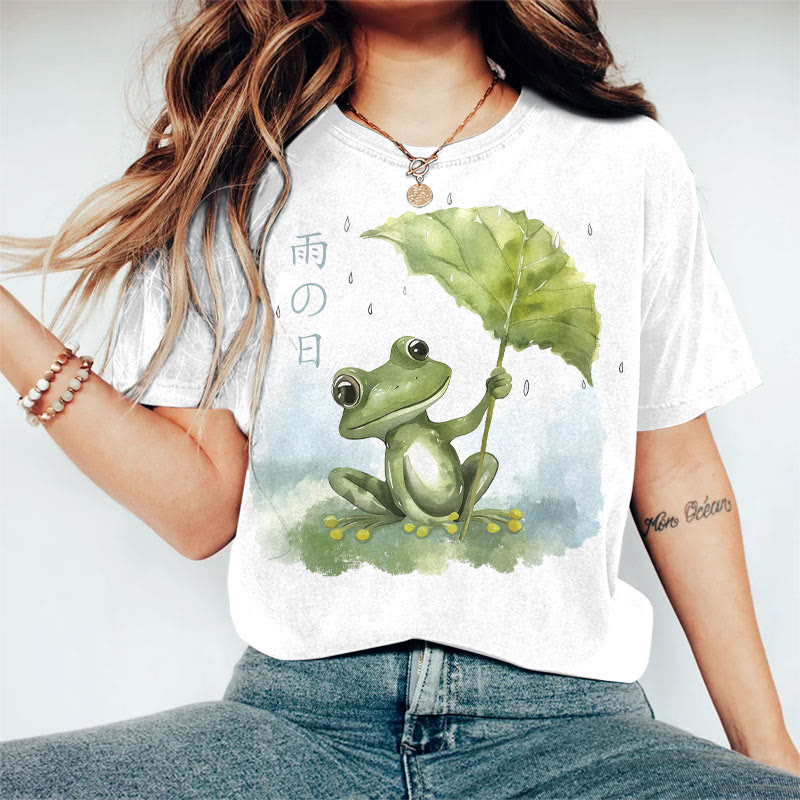 100% Cotton Women's Japanese Raining Day's Frog Art Print Casual T-shirt - White - 2XL - image 1