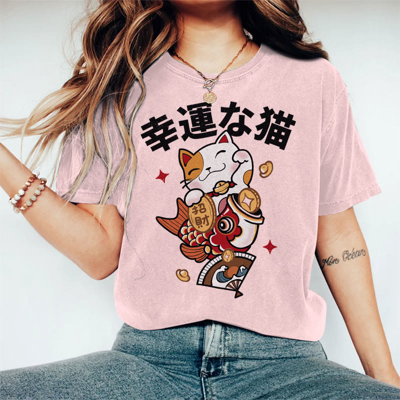 100% Cotton Women's Japanese Lucky Cat Art Print Casual T-shirt - Pink - 2XL - image 1
