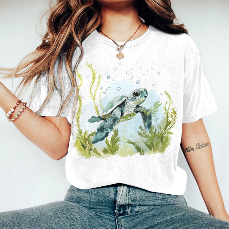 100% Cotton Women's Japanese Bubble Sea Turtle Art Print Casual T-shirt - White - 2XL - image 1