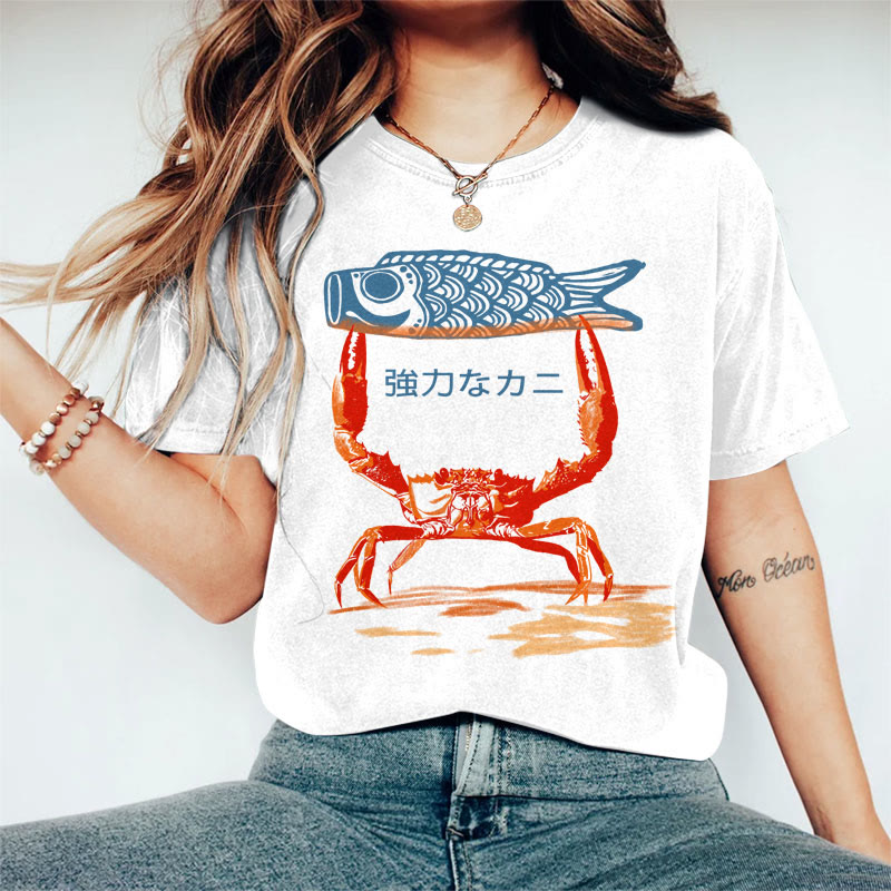 100% Cotton Women's Japanese Funny Crab Holding Koi Art Print Casual T-shirt - White - 2XL - image 1
