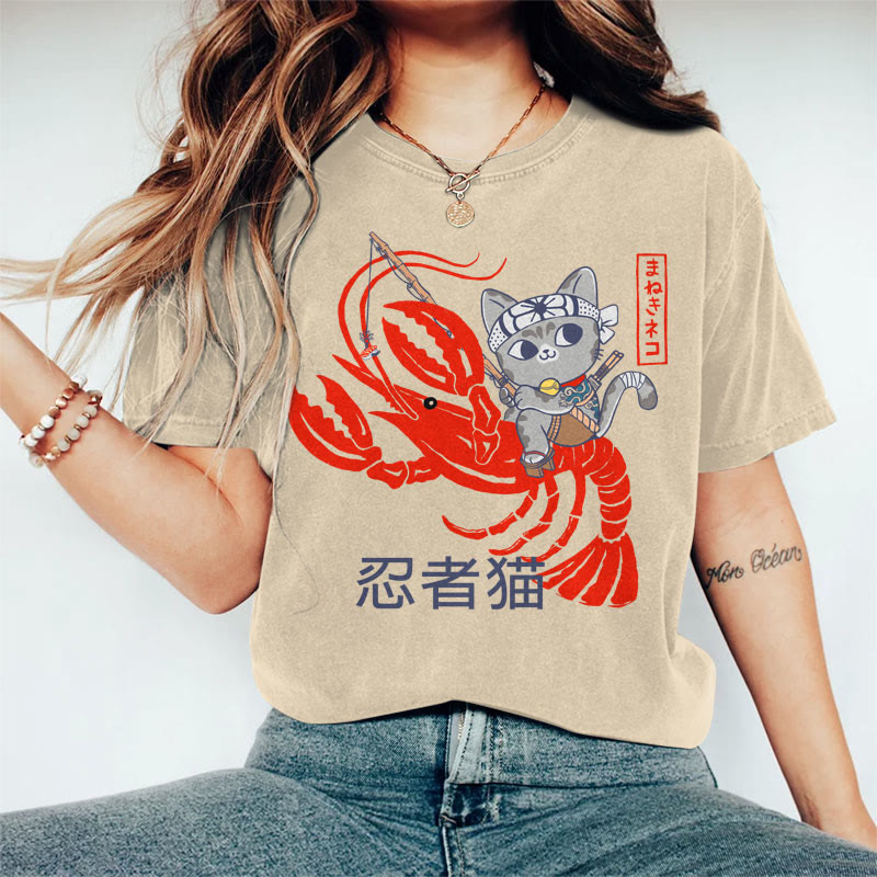 100% Cotton Women's Japanese Ninja Cat Riding Lobster Art Print Casual T-shirt - Khaki - 2XL - image 1
