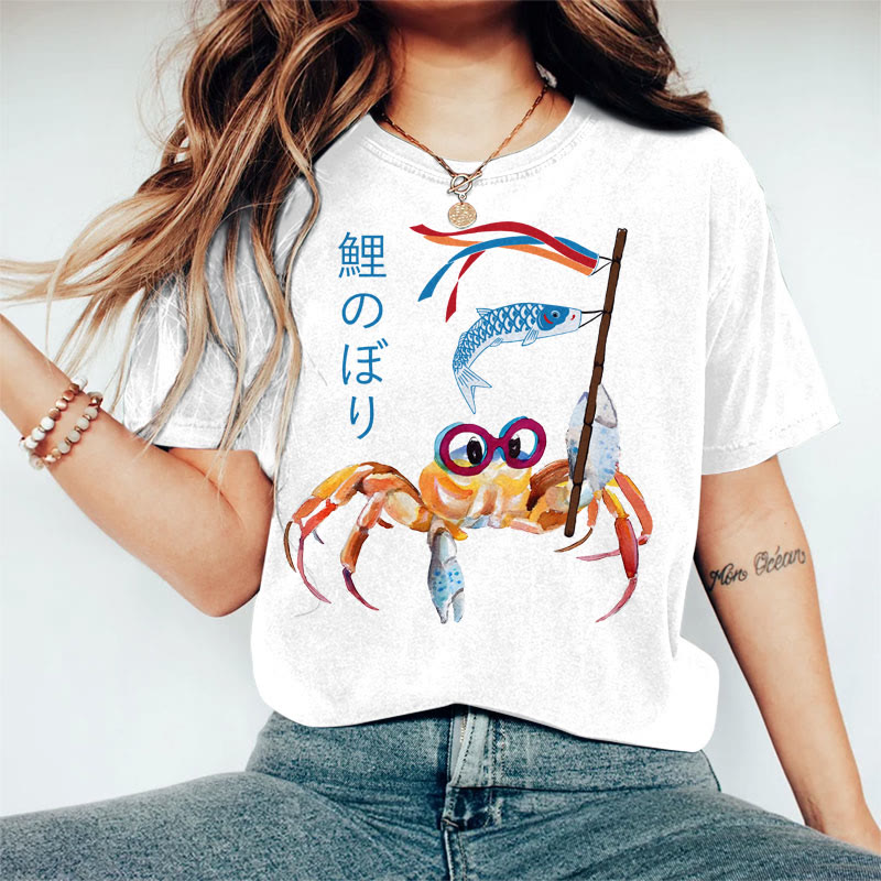 100% Cotton Women's Japanese Funny Crab Holding Koi Flag Art Print Casual T-shirt - White - 2XL - image 1