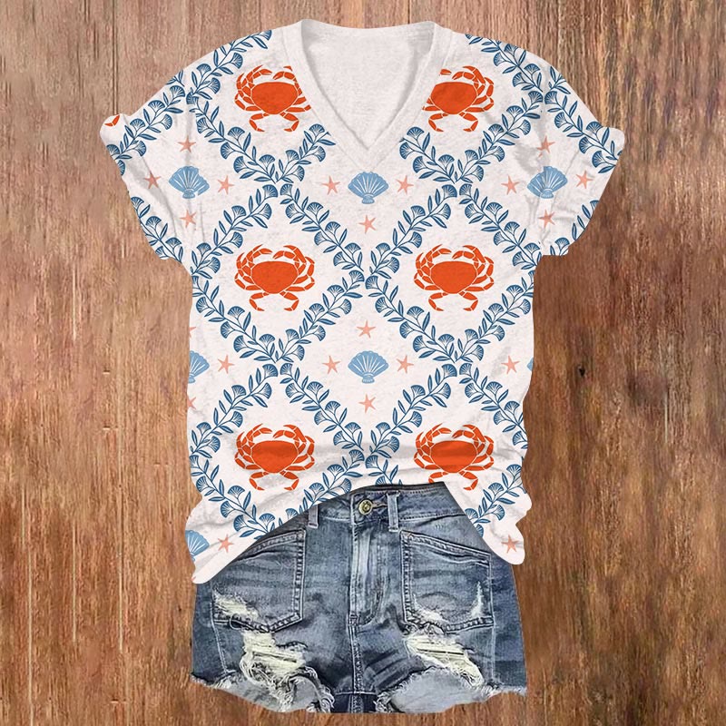 Creative Floral Crab & Shell Print V-neck T-shirt - Apricot - US32-34(5XL) - image 1