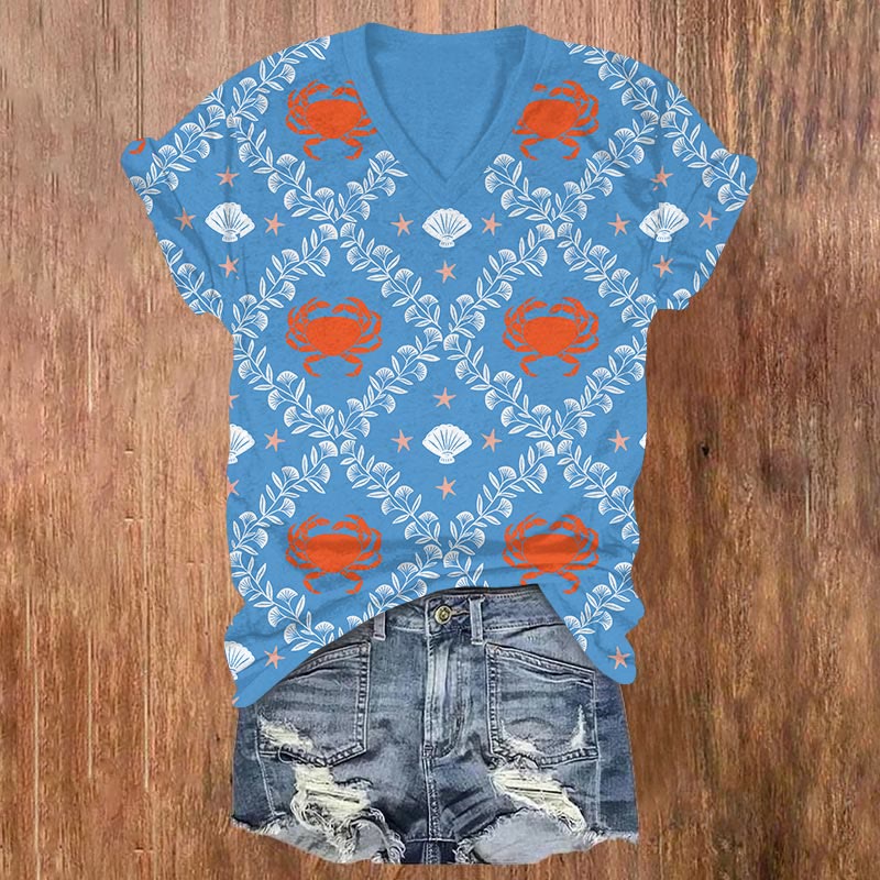 Creative Floral Crab & Shell Print V-neck T-shirt - Blue - US32-34(5XL) - image 2