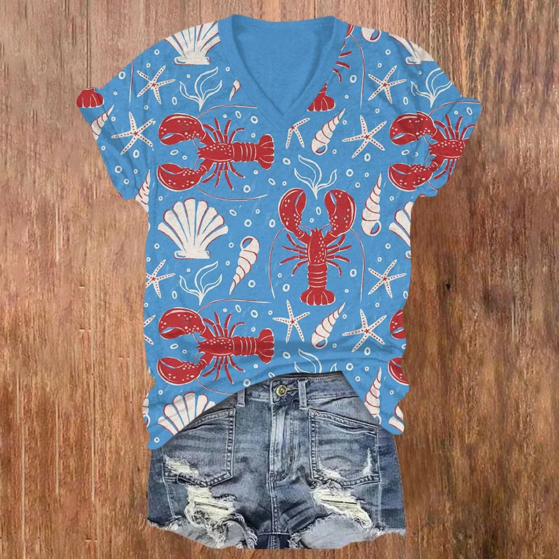Vintage Ocean Animals Print V-neck T-shirt - Blue - US32-34(5XL) - image 1