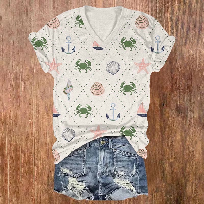 Vintage Rhombic Seafood Collection Print V-neck T-shirt - Beige - US32-34(5XL) - image 1