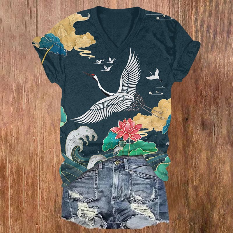 Japanese Style Lotus & Crane Art Print V-neck T-shirt - Dark Blue - US32-34(5XL) - image 1