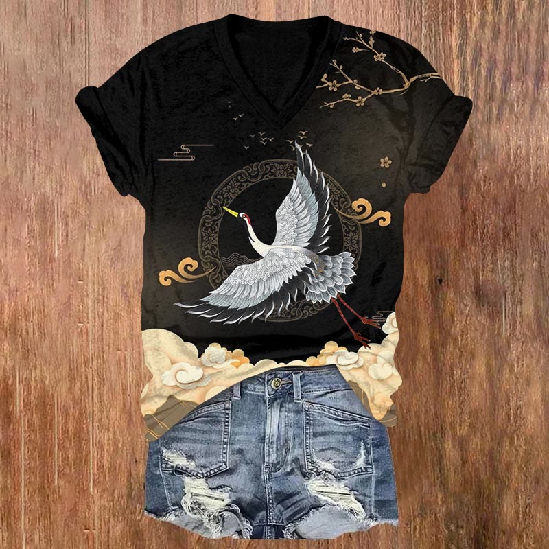 Japanese Mysterious Crane Flying In The Sky Print V-neck T-shirt - Black - US32-34(5XL) - image 1