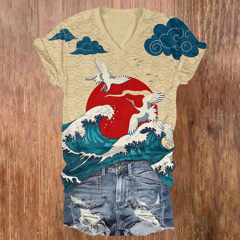 Japanese Sun & Ocean Wave Crane Print V-neck T-shirt - Khaki - US32-34(5XL) - image 1