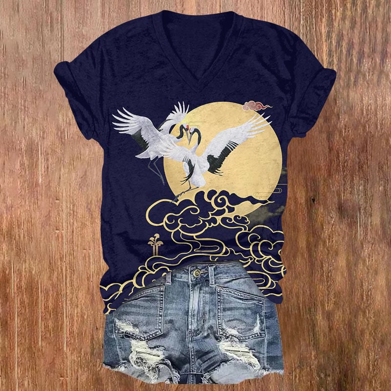 Japanese Couple Crane In Love Under The Moon Print V-neck T-shirt - Dark Blue - US32-34(5XL) - image 1