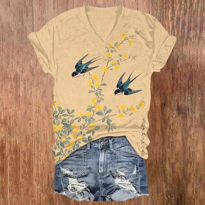 Japanese Spring Swallow & Floral Art Print V-neck T-shirt - Apricot - US32-34(5XL) - image 1