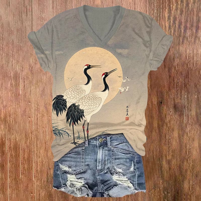 Japanese Sunset & Cranes Print V-neck T-shirt - Grey - US32-34(5XL) - image 1