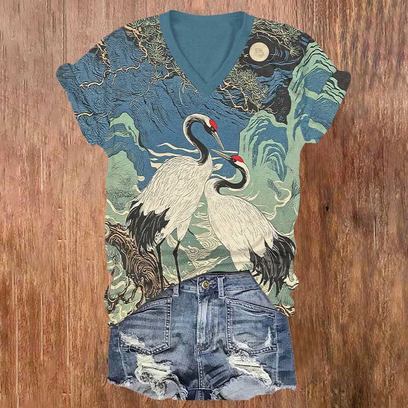 Japanese Watercolor Couple Crane Art Print V-neck T-shirt - Blue - US32-34(5XL) - image 1