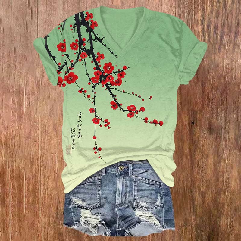 Japanese Vintage Plum Blossom Art  Print V-neck T-shirt - Green - US32-34(5XL) - image 1