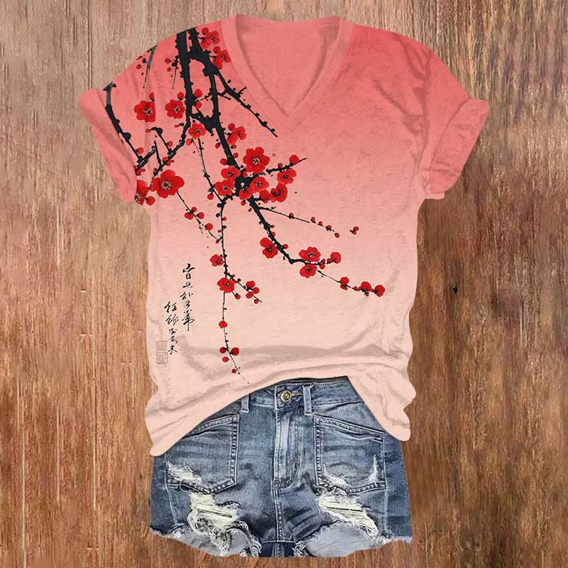 Japanese Vintage Plum Blossom Art  Print V-neck T-shirt - Red - US32-34(5XL) - image 3