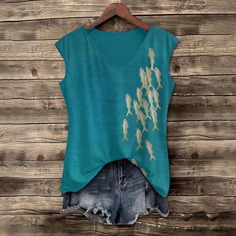 Vintage Simple Fish Print V-neck Tank Top - Lake Blue - 5XL - image 1