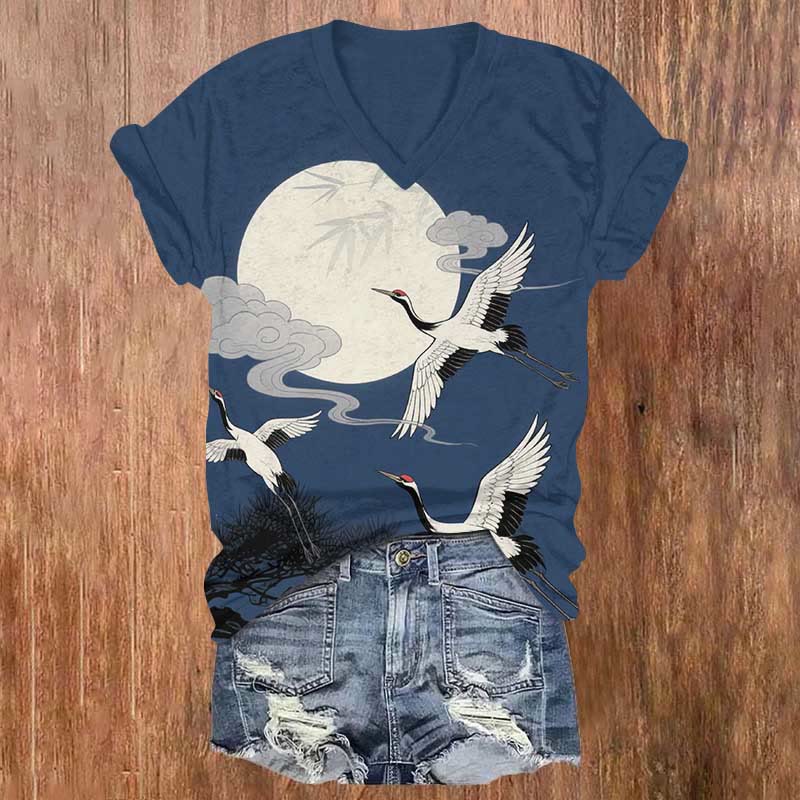 Japanese Vintage Crane Flying Across The Moon Print V-neck T-shirt - image 1