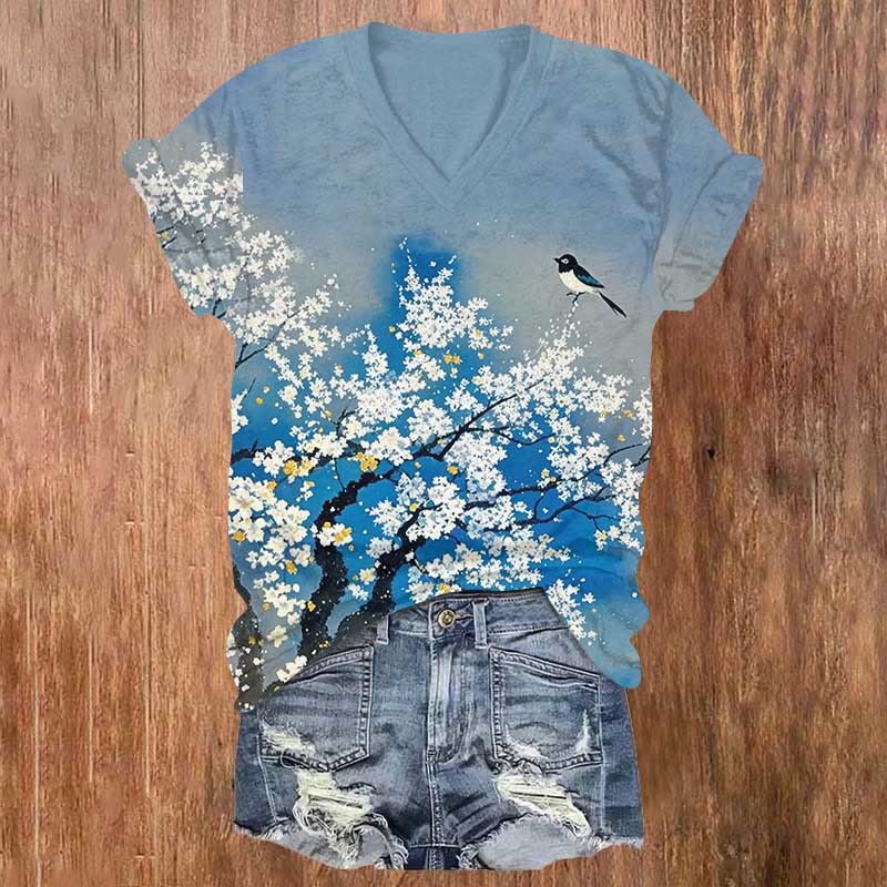Japanese Bird Sitting On White Sakura Print V-neck T-shirt - Blue - US32-34(5XL) - image 1