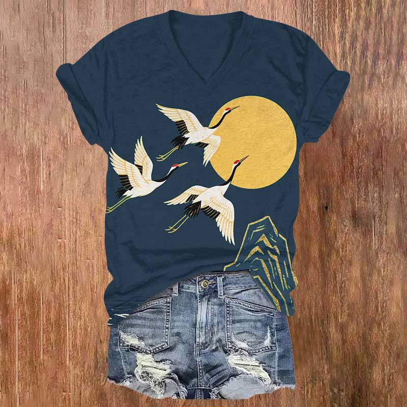 Japanese Cranes Flying Across The Sun Print V-neck T-shirt - Blue - US32-34(5XL) - image 1