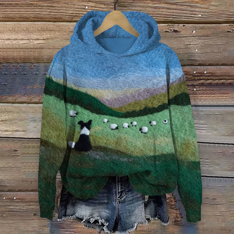 Grassland Sheep ＆ Pastoral Sheepdog Print Long Sleeve Hoodie - Multicolor - US44-46(8XL) - image 1