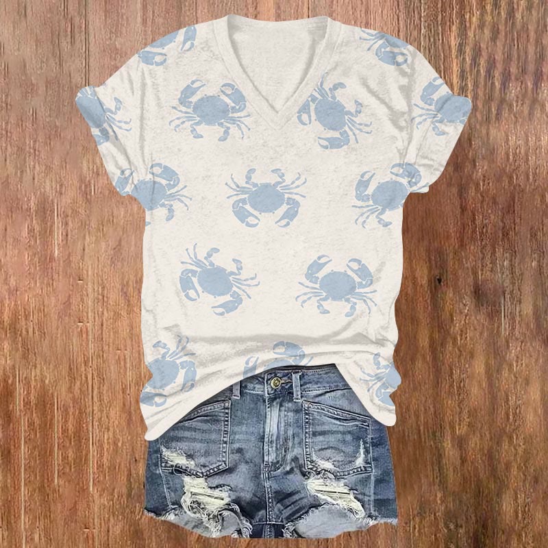 Vintage Crab Swarm Art Print V-neck T-shirt - Blue - US32-34(5XL) - image 1