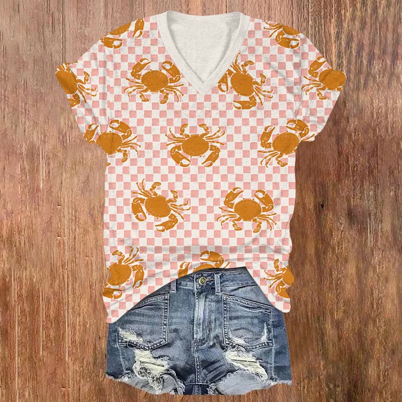 Vintage Checkerboard Crab Print V-neck T-shirt - Orange - US32-34(5XL) - image 1