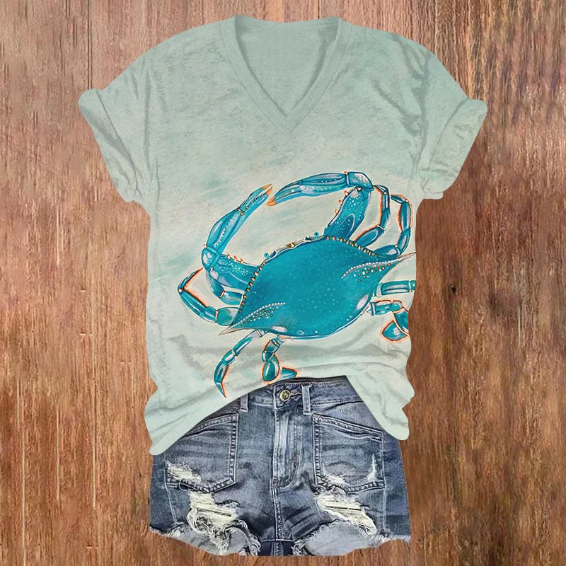Vintage Starry Blue Crab Print V-neck T-shirt - Blue - US32-34(5XL) - image 1