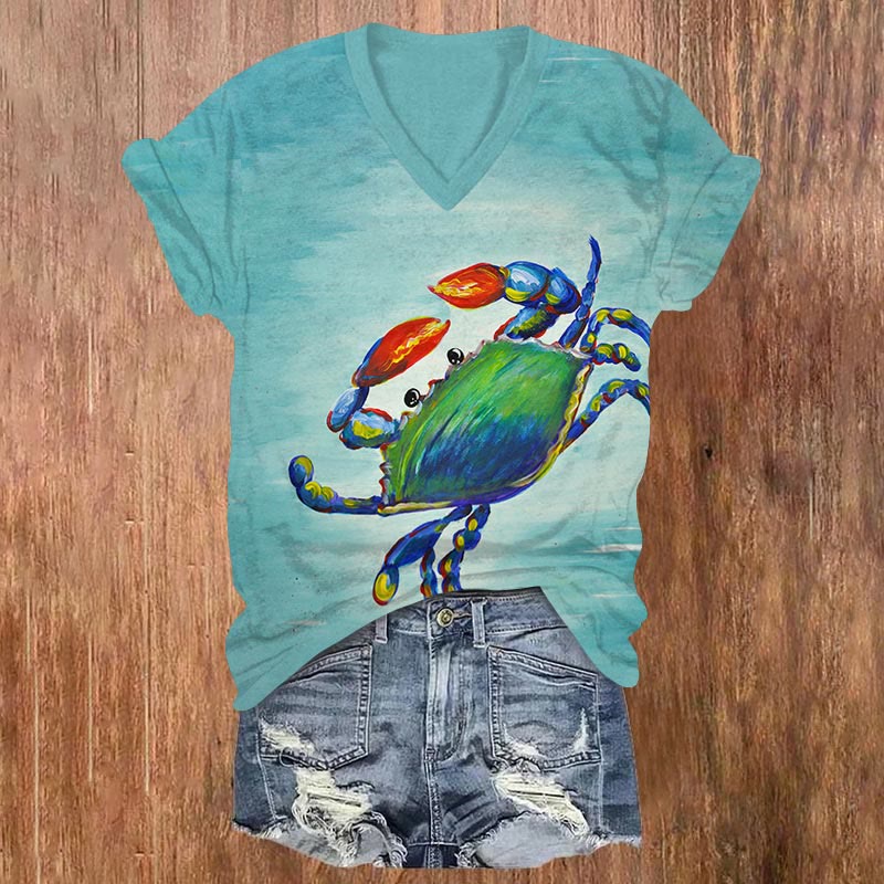 Funny Oil Painting Crab Print V-neck T-shirt - Blue - US32-34(5XL) - image 1