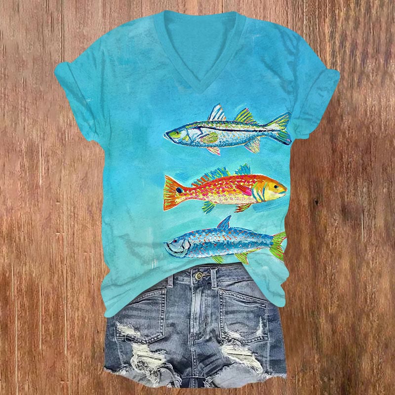 Watercolor Abstract Fish Graffiti Print V-neck T-shirt - Blue - US32-34(5XL) - image 1