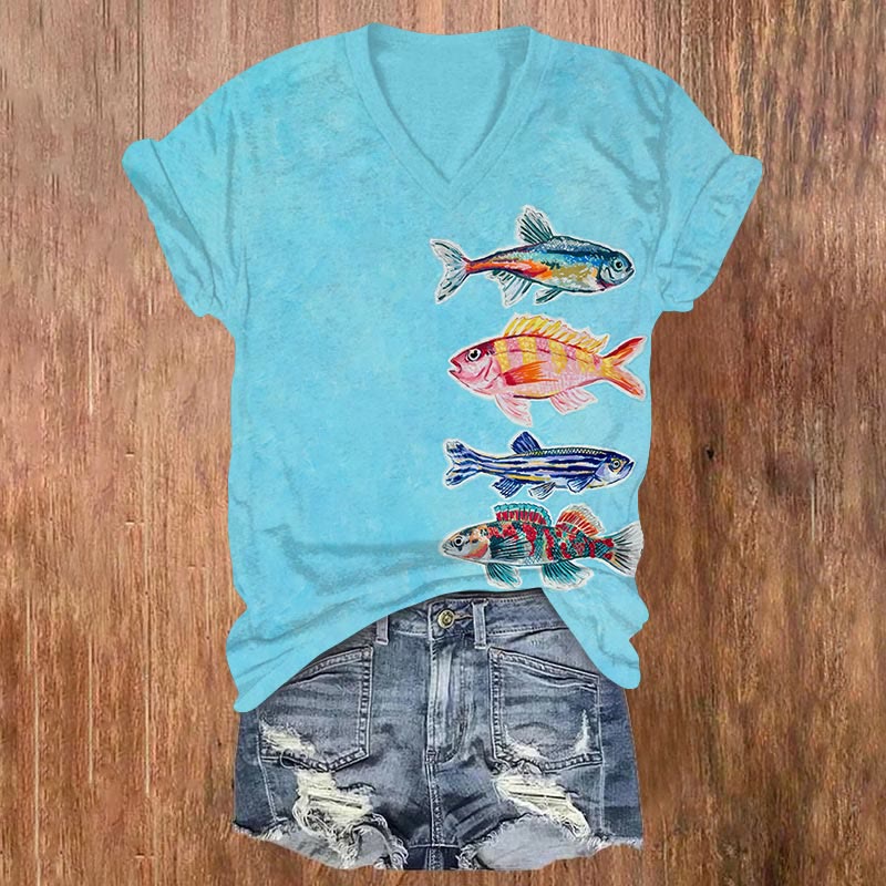 Colorful Ugly Fish Art Print V-neck T-shirt - Blue - US32-34(5XL) - image 1