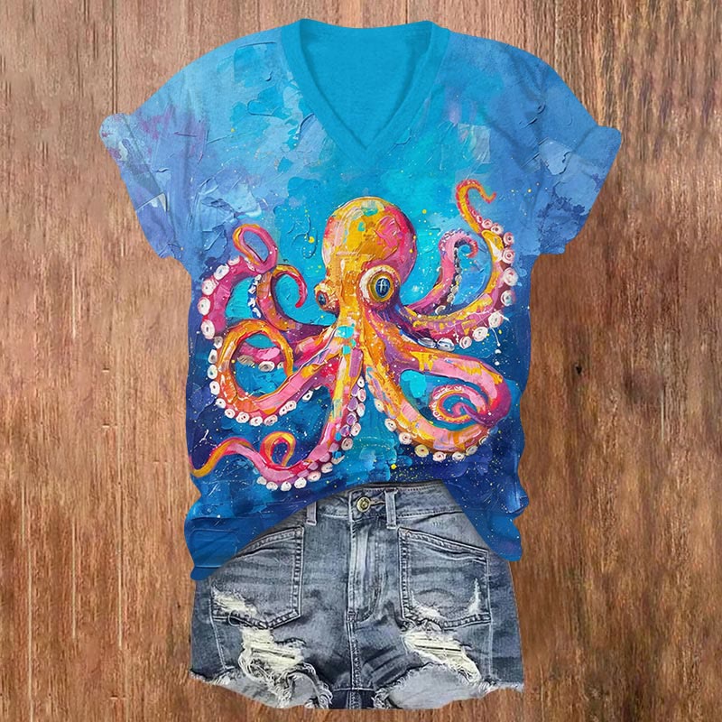 Fantasy Oil Painting Octopus Print V-neck T-shirt - Blue - US32-34(5XL) - image 1