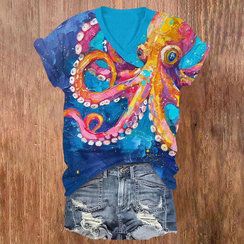 Vintage Oil Painting Funny Octopus Print V-neck T-shirt - Blue - US32-34(5XL) - image 1