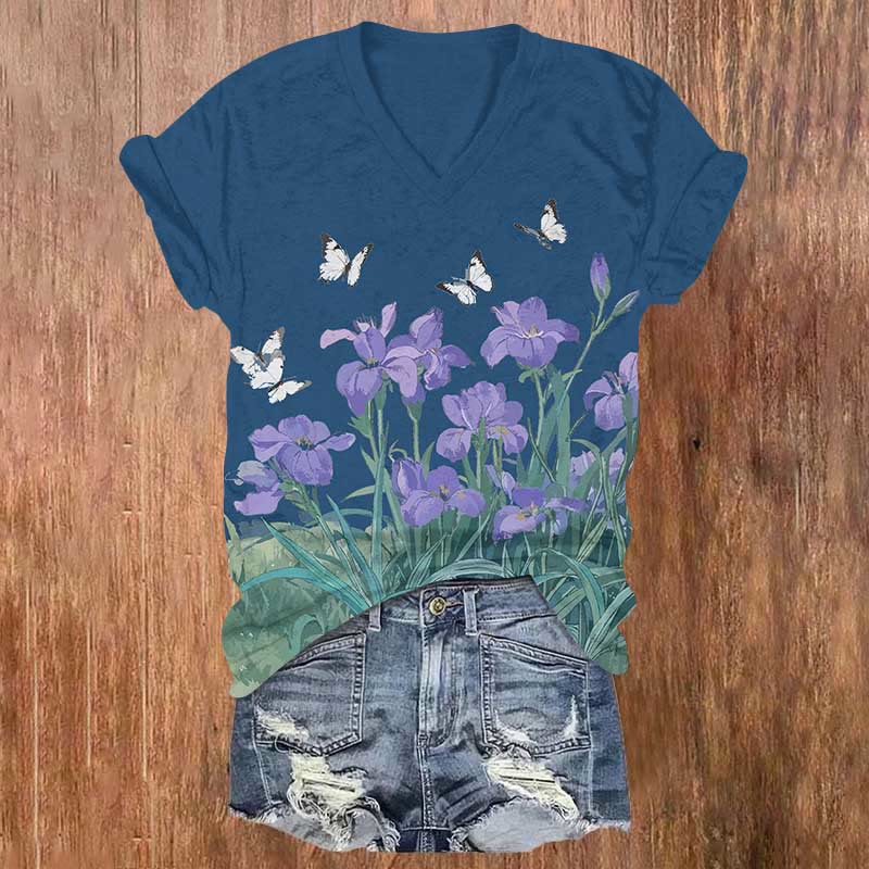 Watercolor Butterfly Flying Upon Morning Glory Print V-neck T-shirt - Royal Blue - US32-34(5XL) - image 1
