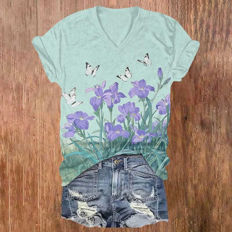 Watercolor Butterfly Flying Upon Morning Glory Print V-neck T-shirt - Mint - US32-34(5XL) - image 3