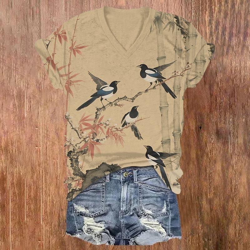 Vintage Swallow Resting On The Bamboo Print V-neck T-shirt - Khaki - US32-34(5XL) - image 1