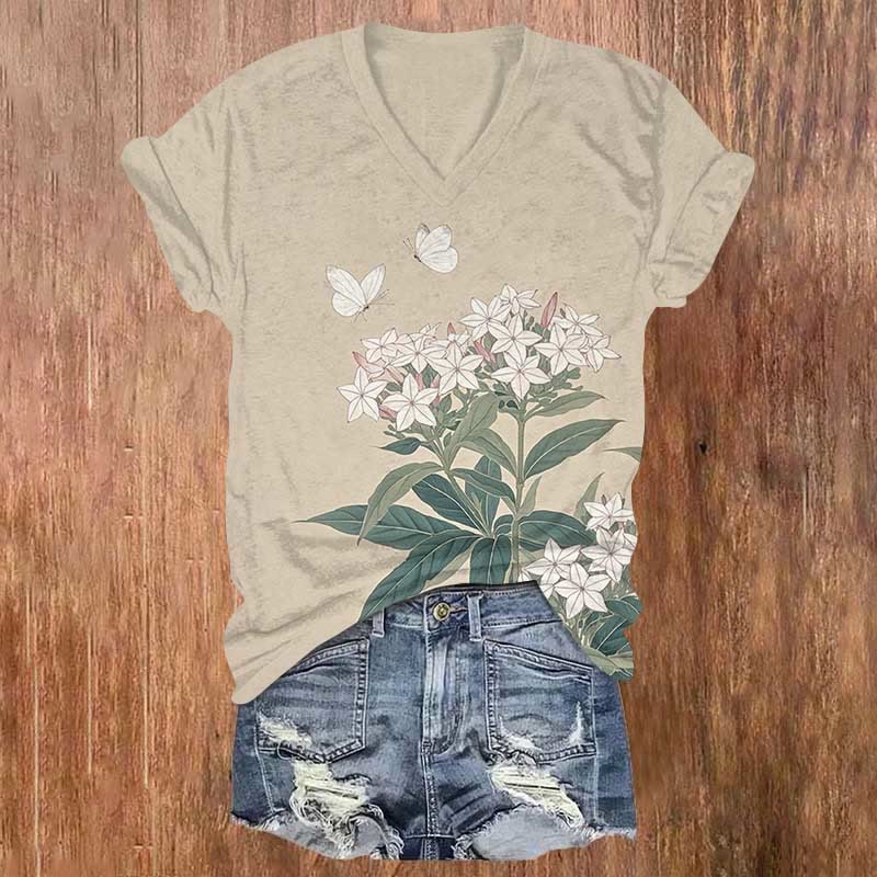 Lovely Butterfly & White Star Flowers Print V-neck T-shirt - Khaki - US32-34(5XL) - image 1