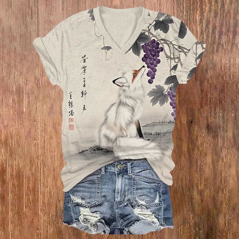 Japanese Vintage Fox Looking At Grape Print V-neck T-shirt - Apricot - US32-34(5XL) - image 1