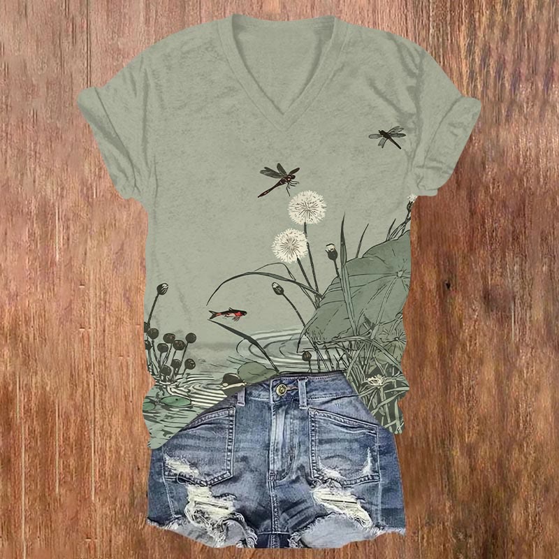 Vintage Dragonfly & Dandelion Lotus Pond Art Print V-neck T-shirt - Green - US32-34(5XL) - image 1
