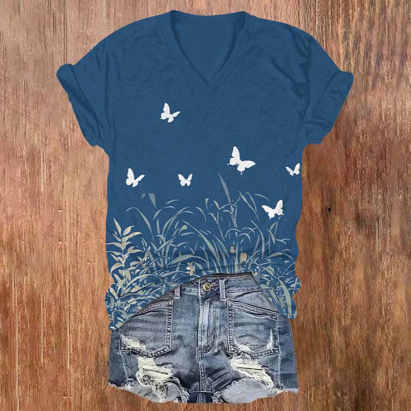 Cute White Butterfly & Flowers Print V-neck T-shirt - Blue - US32-34(5XL) - image 1