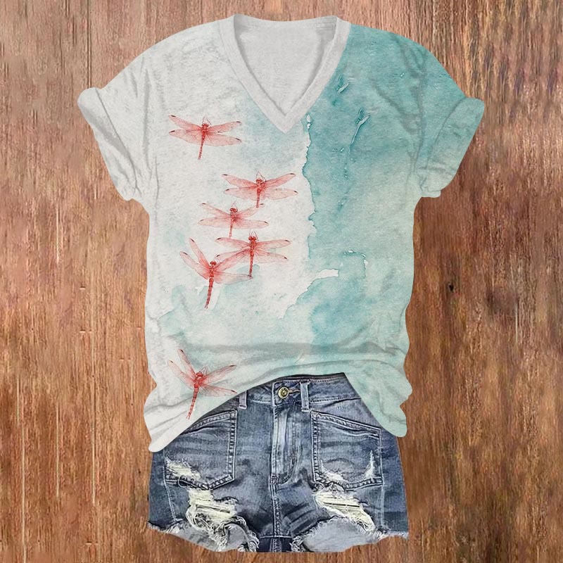 Vintage Contrast Red Dragonfly Art Print V-neck T-shirt - Light Gray - US32-34(5XL) - image 1