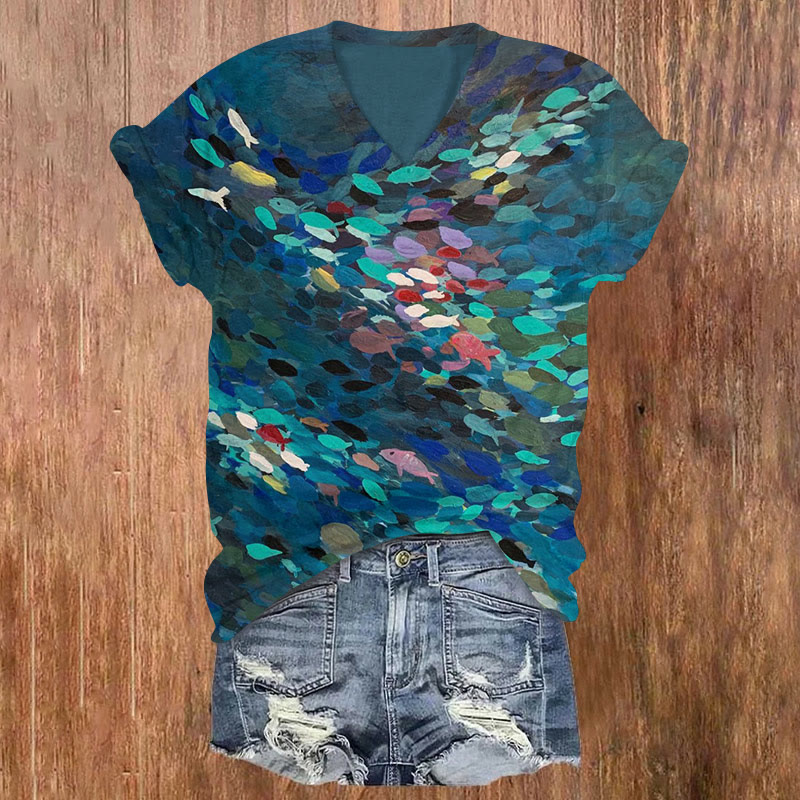 Retro Oil Painting Fish Print V-neck T-shirt - Lake Blue - US32-34(5XL) - image 1